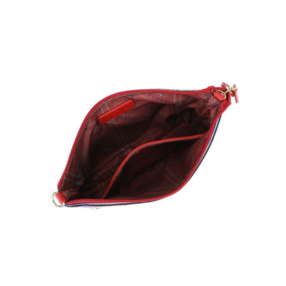 Red pouch with gold zipper on a white background