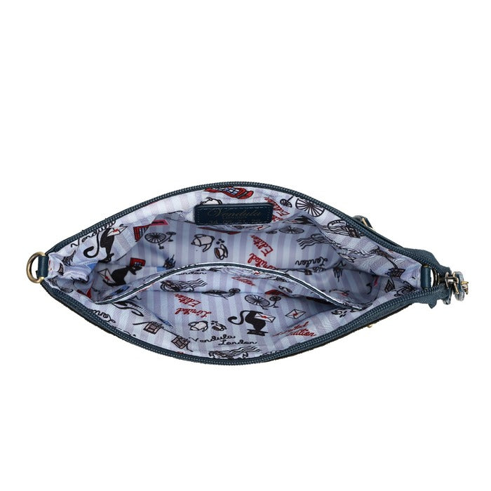 Open view of a small zippered clutch or pouch showing a light gray patterned interior with black and red illustrations and a dark blue-gray exterior trim.