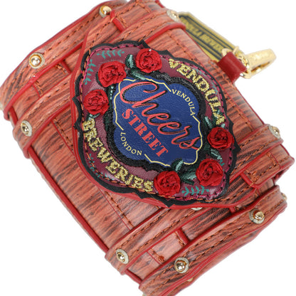 Red leather product with embroidered 'Cheers Street' logo on a white background