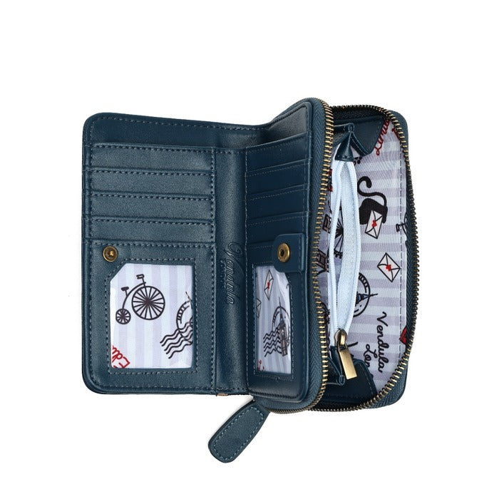 An open dark teal blue wallet shown from the inside, featuring multiple card slots, a clear ID window with a bicycle print, a zippered compartment with a striped and graphic patterned lining, and gold-tone hardware.