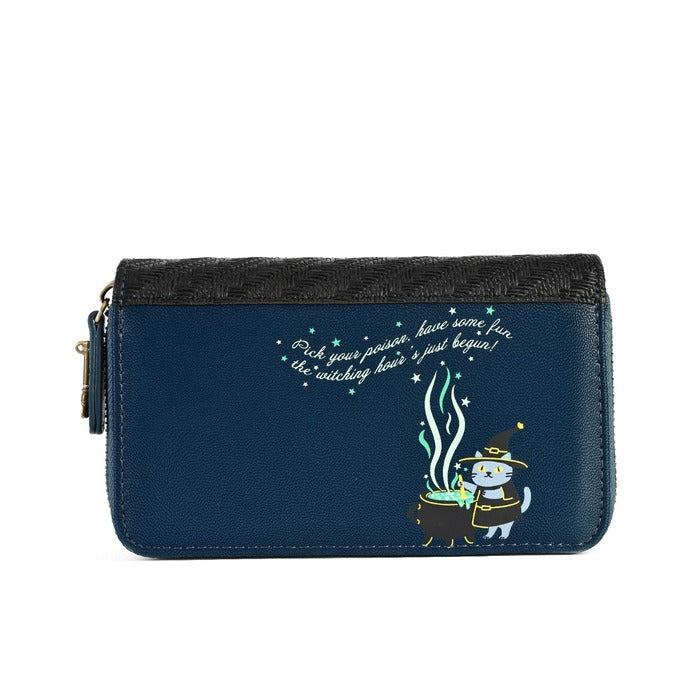 A navy blue zip-around wallet with a black woven top panel, featuring a cartoon witch character by a cauldron and white cursive text on the front, shown against a plain white background.