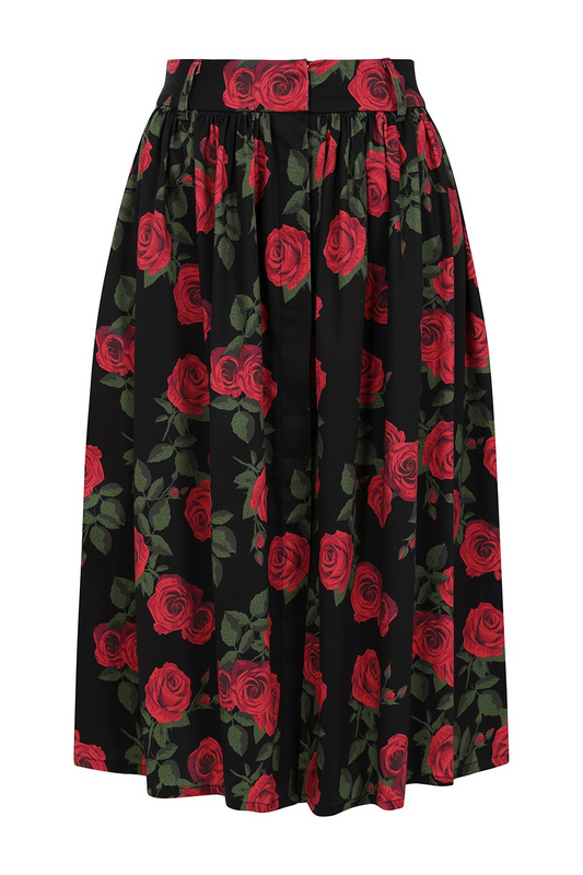 Black skirt with red rose pattern on a white background