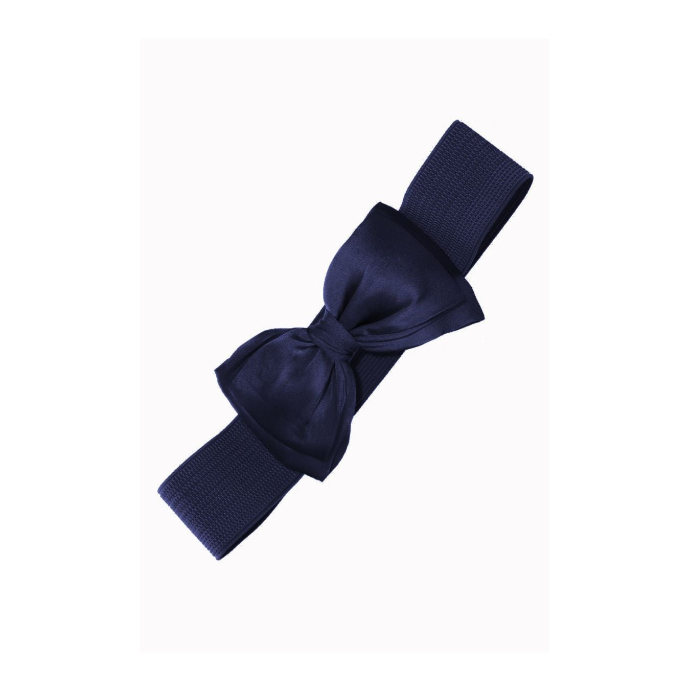 A navy blue fabric headband with a large bow at the center, shown on a plain white background.