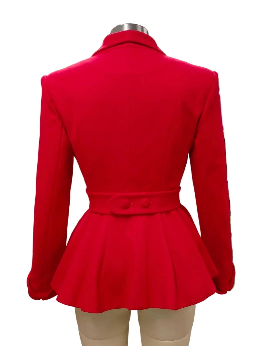 A bright red long-sleeve peplum jacket shown from the back on a beige dress form mannequin against a plain white background.