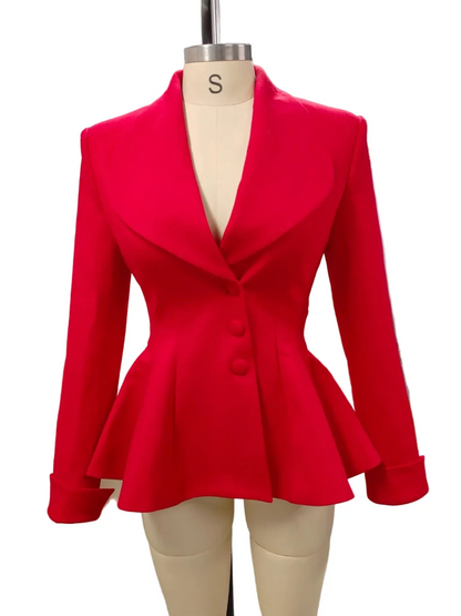 A bright red women's blazer with a notched lapel, three front buttons, and a peplum waist, displayed on a beige mannequin torso against a white background.