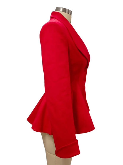A bright red women's blazer with a peplum hem and long sleeves, displayed on a beige mannequin torso against a plain white background.
