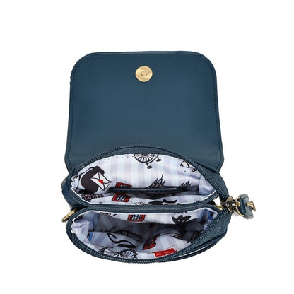 A navy blue crossbody wallet shown open, featuring a gold snap button closure on the front flap and a patterned interior with a black and white penguin design.
