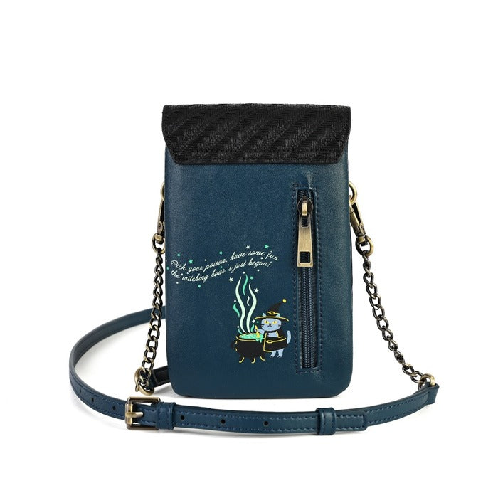 A dark blue faux-leather crossbody phone bag with a black textured top flap, gold-tone hardware, and a small cartoon wizard illustration with white script text on the front pocket.