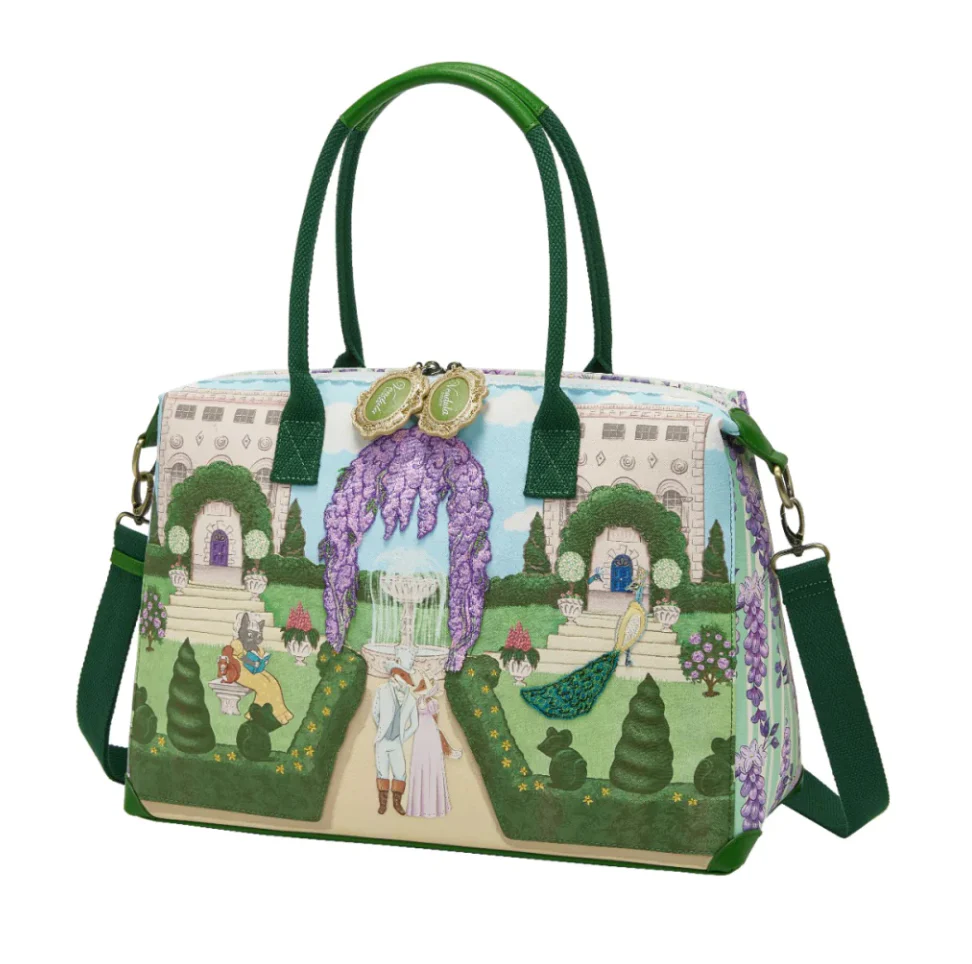 Woman holding a colorful handbag with a fairy tale design against a purple background with flowers.