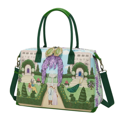 Woman holding a colorful handbag with a fairy tale design against a purple background with flowers.