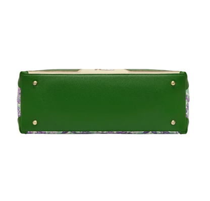 Woman holding a colorful handbag with a fairy tale design against a purple background with flowers.