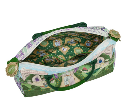 Woman holding a colorful handbag with a fairy tale design against a purple background with flowers.