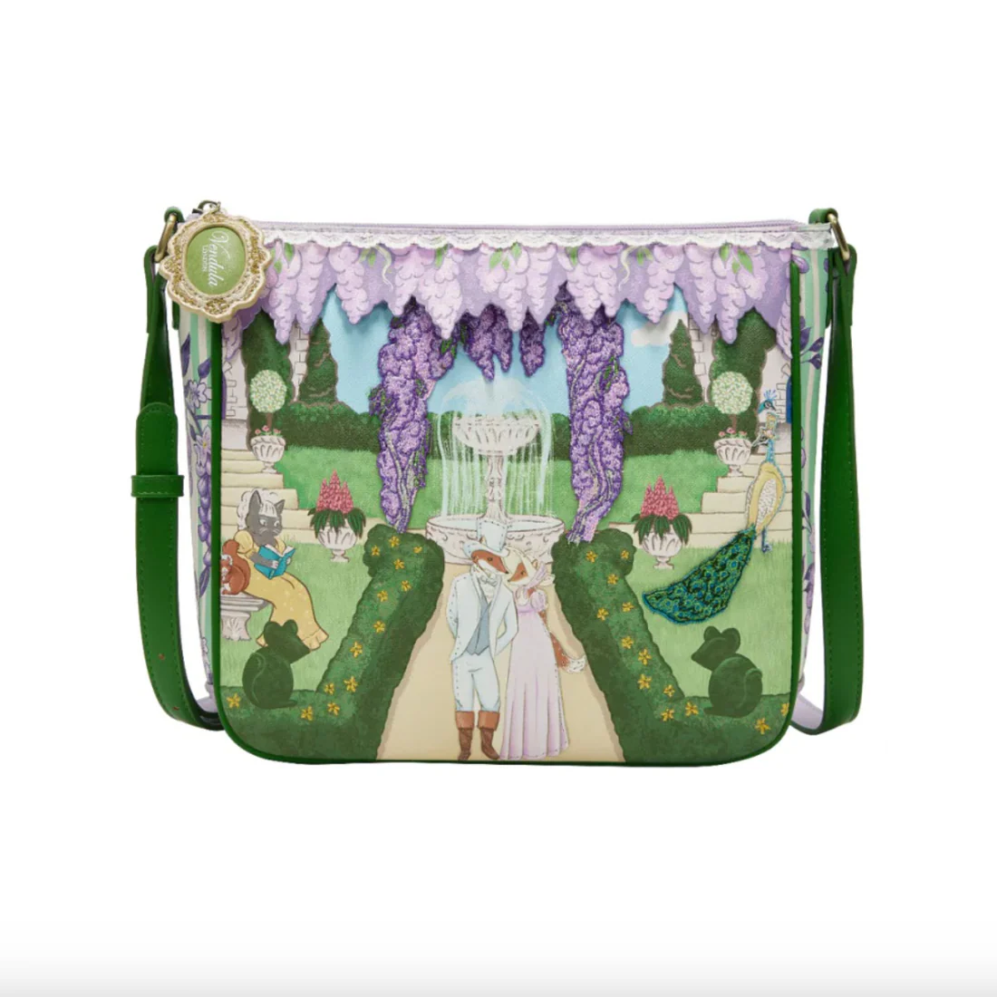 Handbag with a garden scene design on a white background