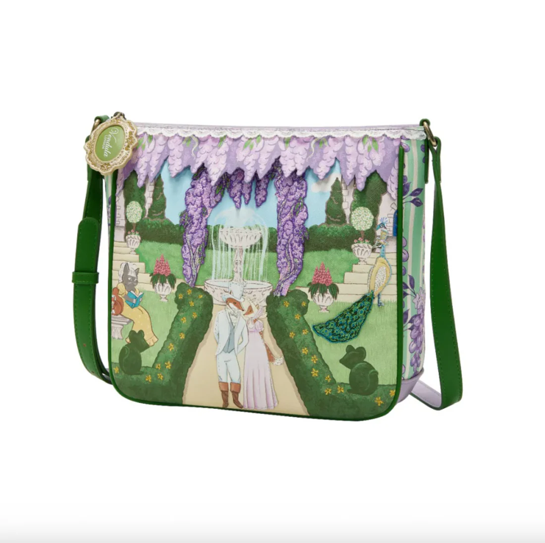 Handbag with a garden scene design featuring people and wisteria