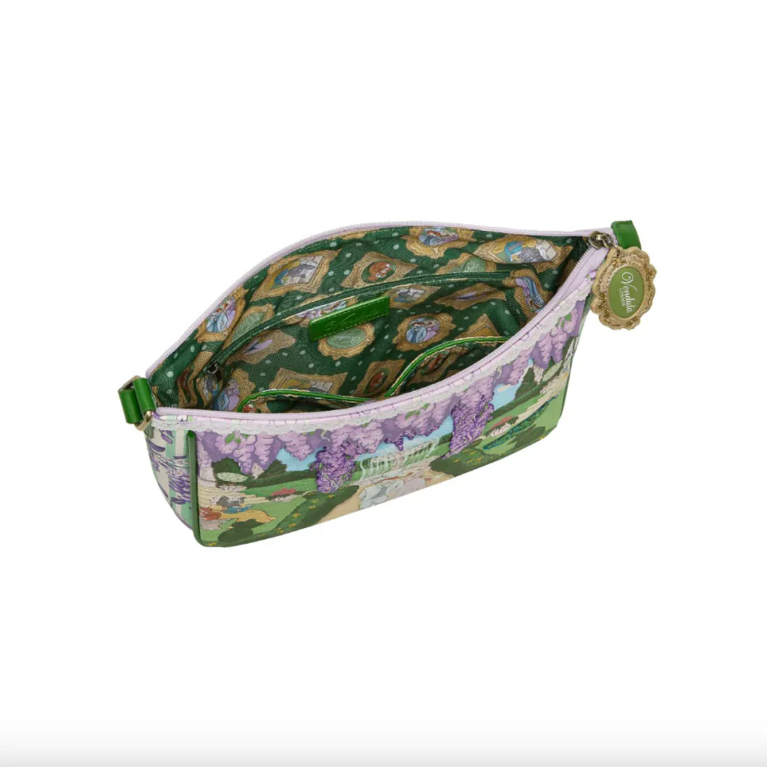 Green floral patterned pouch with a visible brand tag on a white background
