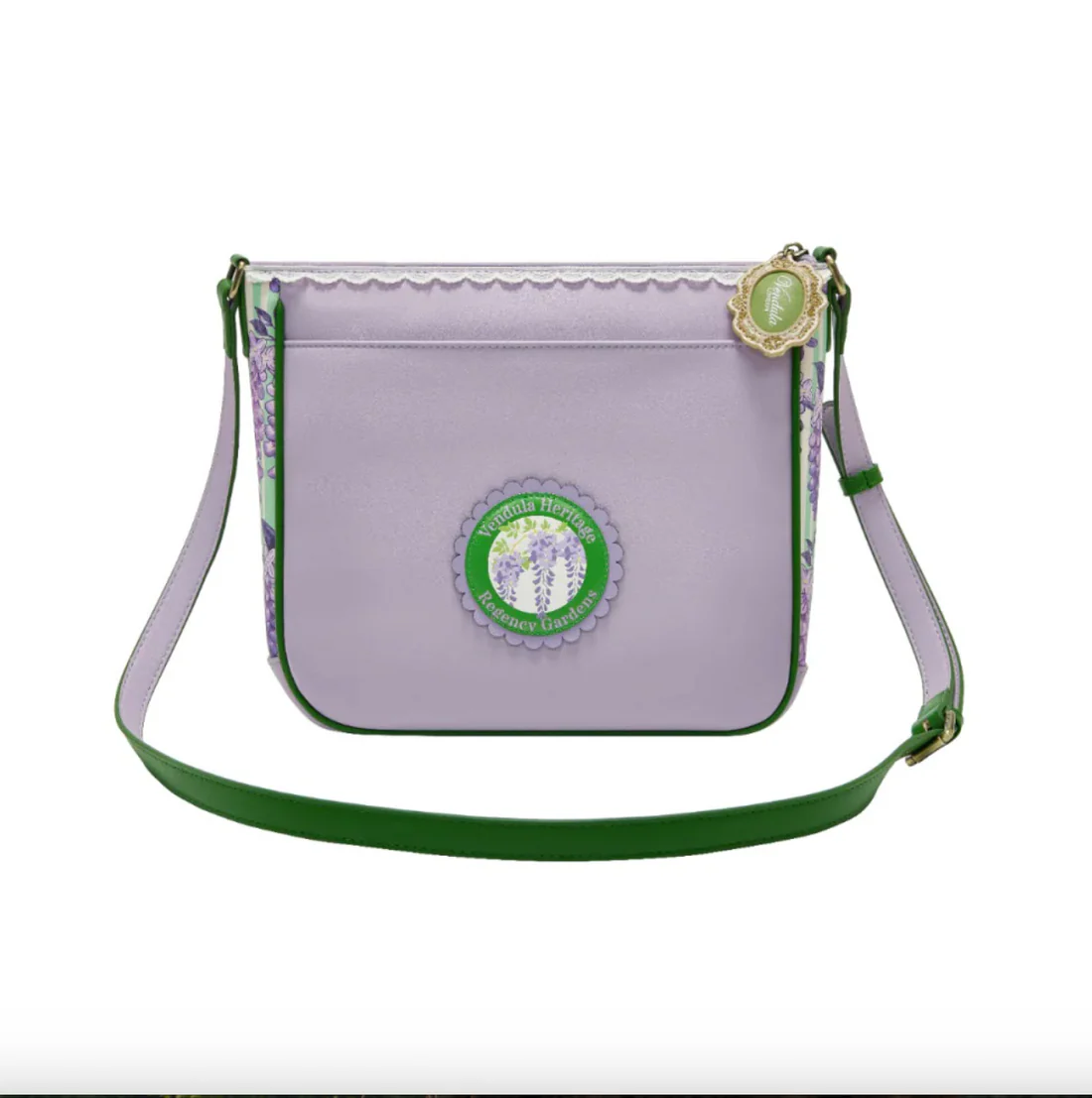 Purple crossbody bag with green accents and a logo on a white background