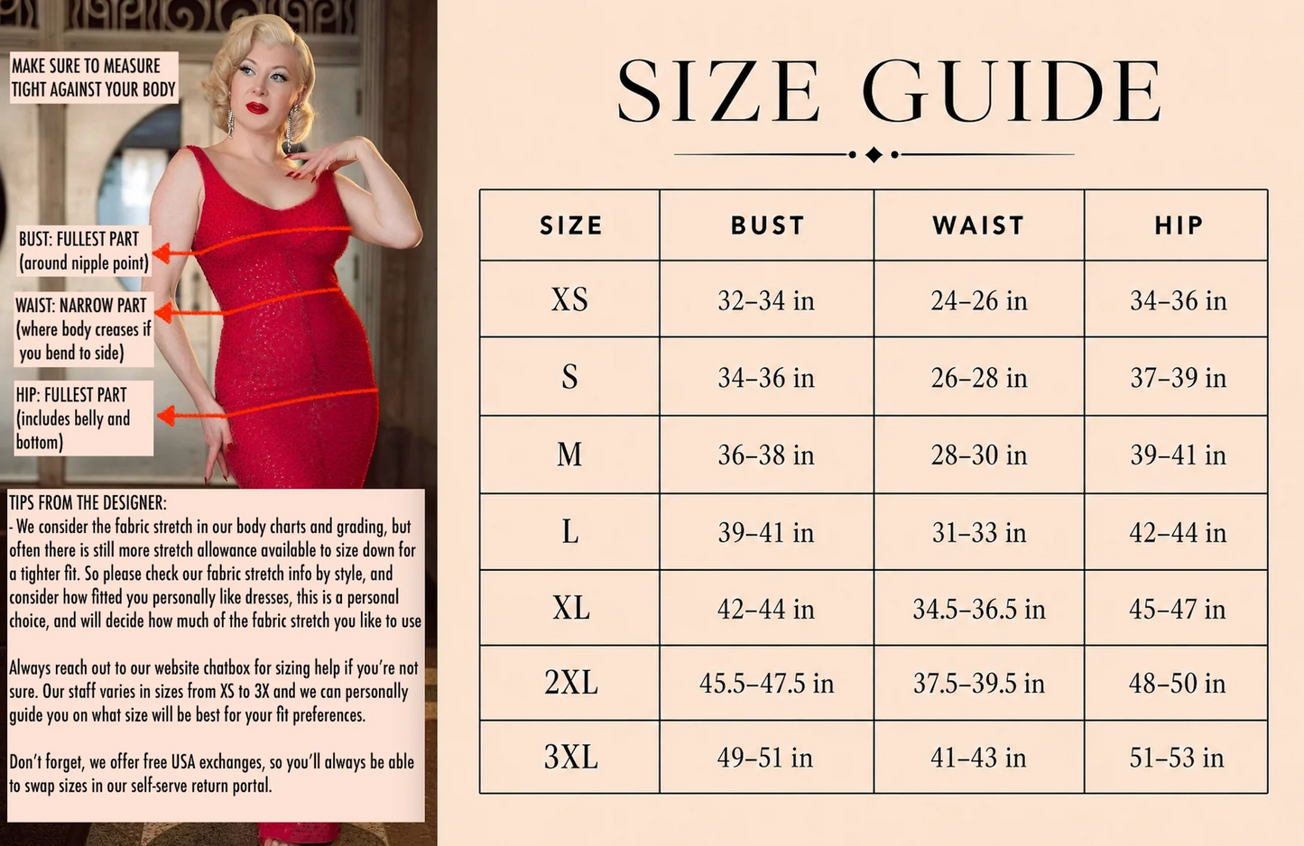 A size guide chart for a red strapless dress, showing a model wearing the dress on the left with labeled measurements and a size table on the right with bust, waist, and hip measurements from XS to 3XL.