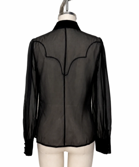 Black sheer blouse on a mannequin with a white background