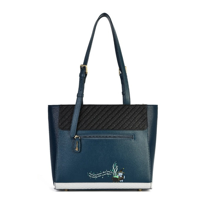 A navy blue leather tote bag with a black textured honeycomb pattern panel on the upper front, a front zippered pocket, and a small embroidered cartoon character on the lower front. The bag has a silver-colored metal base trim and is shown against a plain white background.
