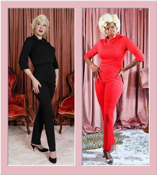 A side-by-side comparison of a model posing in two different color variations of a one-piece jumpsuit. The left panel shows the model wearing a black version, and the right panel shows her wearing a bright red version, both set against a pink curtain backdrop with vintage red chairs.