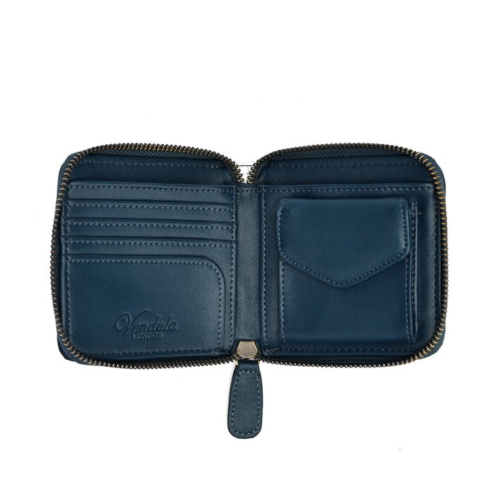 An open navy blue leather zip-around wallet with multiple card slots, an envelope pocket, and gold-tone zipper teeth, shown on a white background. The brand name 'Venezia Venezia' is embossed on the left pocket.