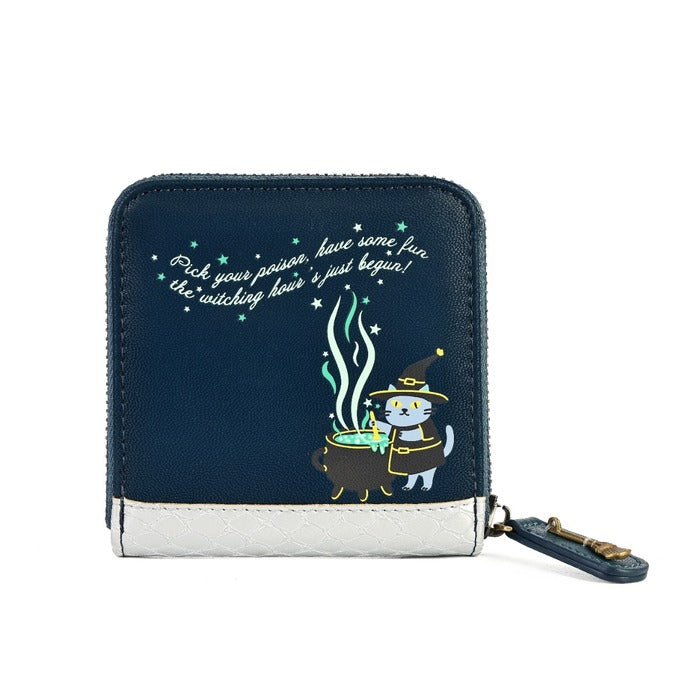 A navy blue zip-around wallet with a silver textured bottom panel, featuring a cartoon cat in a witch hat stirring a cauldron with steam and the text 'Pick your poison, have some fun, the witching hour is just begun!' on a white background.