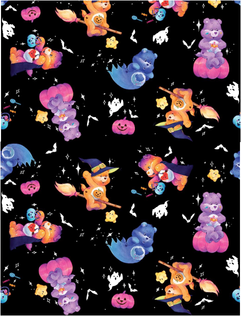 A repeating Halloween-themed pattern on a black background featuring colorful teddy bears, ghosts, bats, pumpkins, and broomsticks in pink, blue, purple, orange, and yellow.