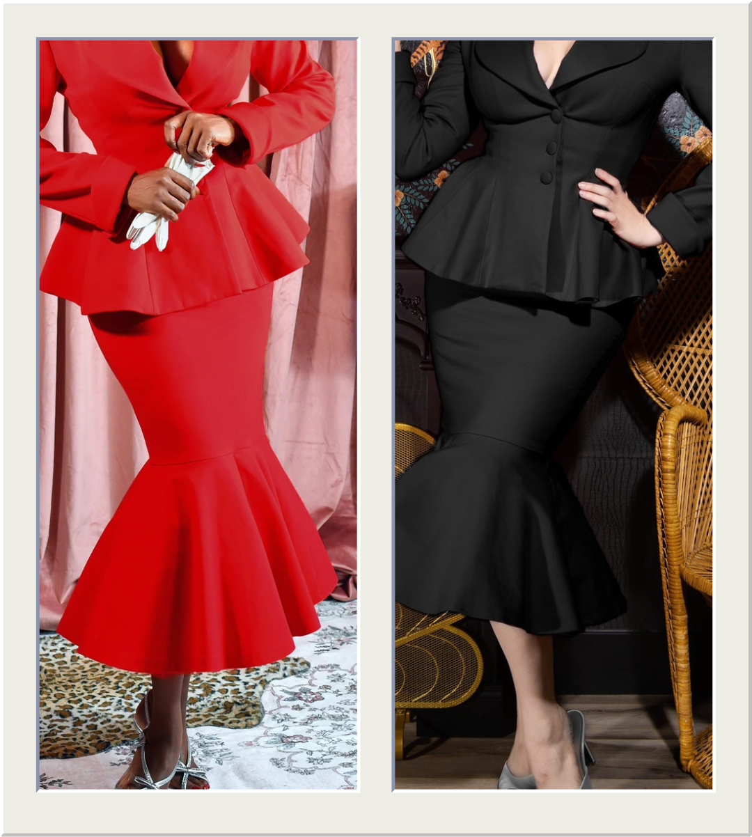 A side-by-side comparison of two women wearing peplum mermaid-style skirts. The left model wears a bright red two-piece suit with a matching blazer and skirt, while the right model wears a black version of the same suit.