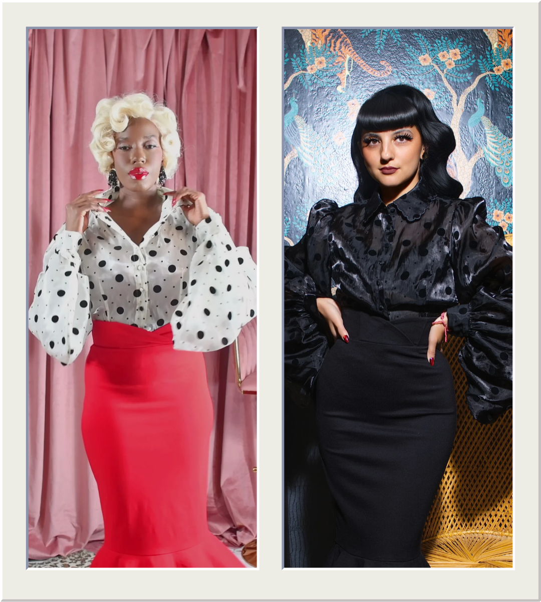 A side-by-side collage of two women modeling fashion. The left model has curly blonde hair and wears a white blouse with black polka dots and a bright red skirt in front of pink curtains.