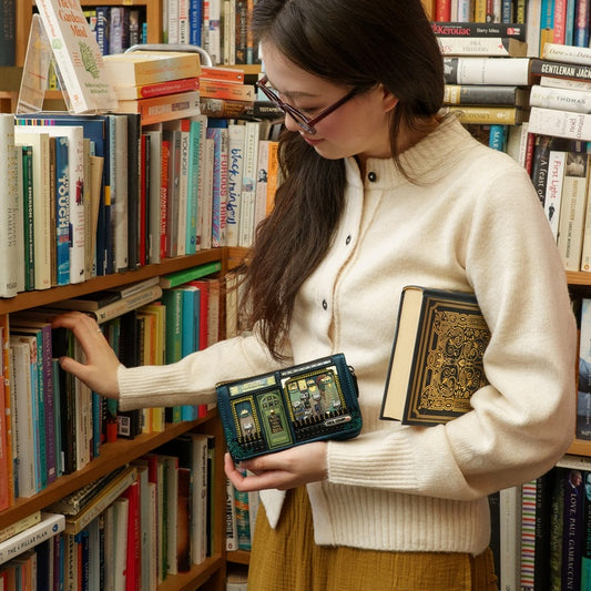Woman in a bookstore holding a tablet and an old book