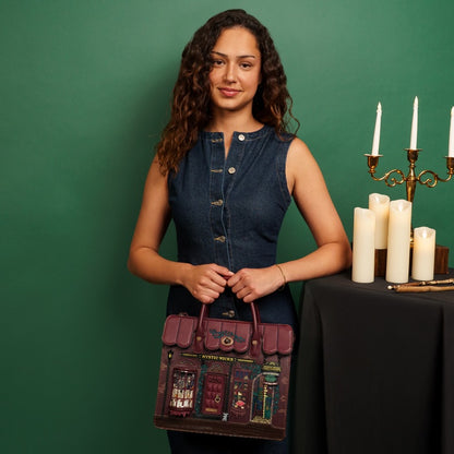 Woman holding a unique handbag with a green background and candles on a table.
