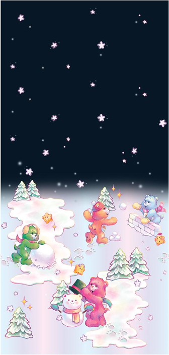 A whimsical winter scene illustration featuring colorful teddy bears playing in a snowy landscape under a dark starry night sky. The bears are shown building snowcastles, making a snowman, and sliding on snow, with small pine trees and stars throughout the scene.