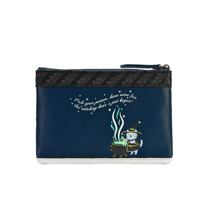 A dark blue zippered pouch featuring a whimsical illustration of a wizard cat next to a cauldron with the quote 'Pick your poison, have some fun for the witching hour - good luck!', set against a plain white background.