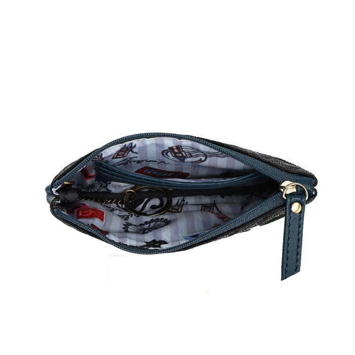 An open zippered pouch or coin purse with a dark blue exterior and a patterned interior featuring a white and gray gingham background with black line drawings and small red accents.