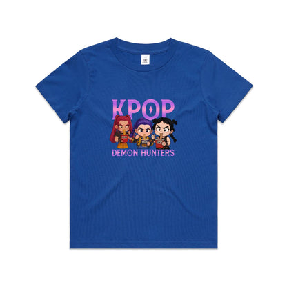 A graphic print featuring three chibi-style cartoon girls eating noodles, with the word 'K-POP' above them and 'DEMON HUNTERS' below