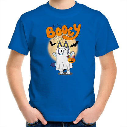 A white t-shirt featuring a colorful cartoon graphic of a ghost character dressed as Bluey, holding a jack-o'-lantern bucket of candy, with the word 'Booey' in orange above.