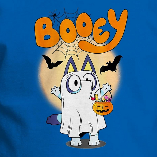 A Halloween-themed graphic print featuring a cartoon cat dressed as a ghost, holding a jack-o'-lantern candy basket, with the word 'Booey' in large orange letters above on a blue background.