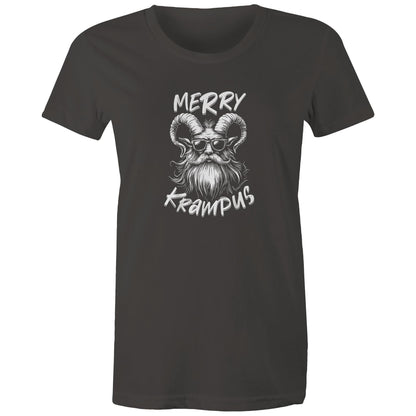 A black graphic print featuring a stylized ram-headed bearded man wearing sunglasses, with the words 'MERRY KRAMPUS' in a white hand-drawn font.