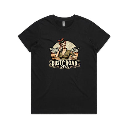 A graphic print on a white background featuring a retro-style pinup illustration of a woman with sunglasses, a red bandana, and an olive green shirt, with the text 'Pinup Girl' and 'Dusty Road Diva'.