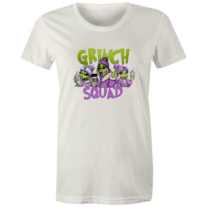 A dark heather gray t-shirt featuring a colorful graphic print of three cartoon aliens dressed in purple and leopard-print clothing, holding drinks, with the text 'GRINCH SQUAD' in lime green and purple.