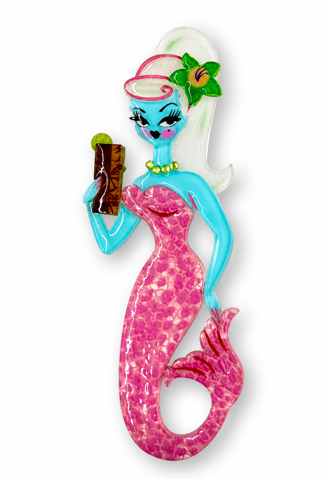 Mermaid figurine with pink tail and blue upper body, holding a cocktail, on a white background