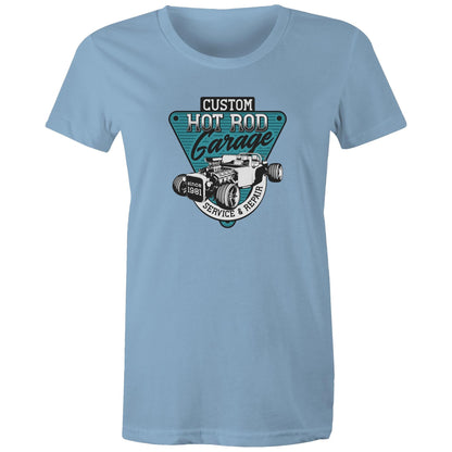 colored women's t-shirt with a 'Custom Hot Rod Garage' graphic print in the center.