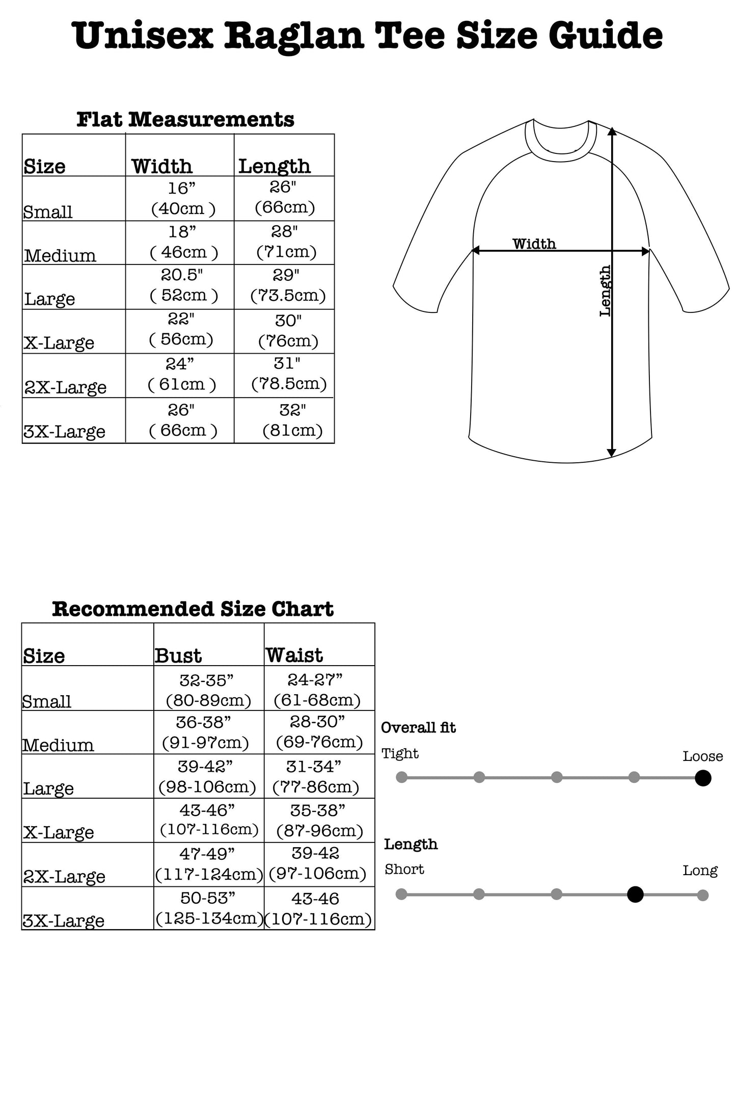 Unisex raglan tee size guide with measurements and chart on a white background