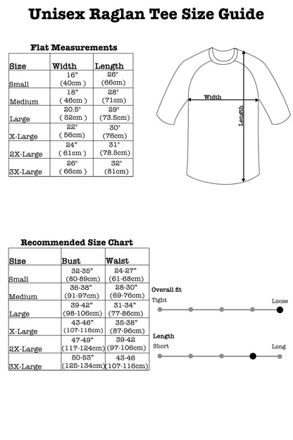 Unisex raglan tee size guide with measurements and chart on a white background