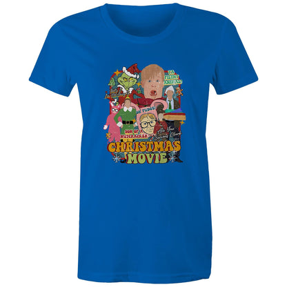 A blue graphic t-shirt featuring a colorful collage of characters and text from the movie 'The Grinch' parody titled 'Christmas Movie'.
