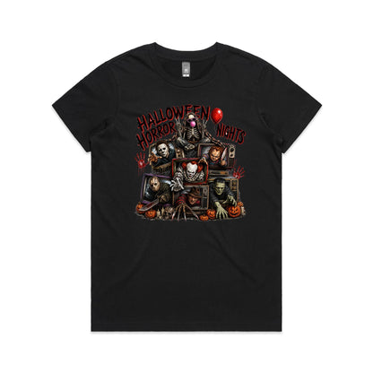 A graphic print on a black background featuring horror movie villains stacked inside vintage television sets, with the text 'HALLOWEEN HORROR NIGHTS' in red and black. The design includes Michael Myers, Pennywise, Freddy Krueger, Jason Voorhees, Frankenstein's monster, the Puppet, and pumpkins.