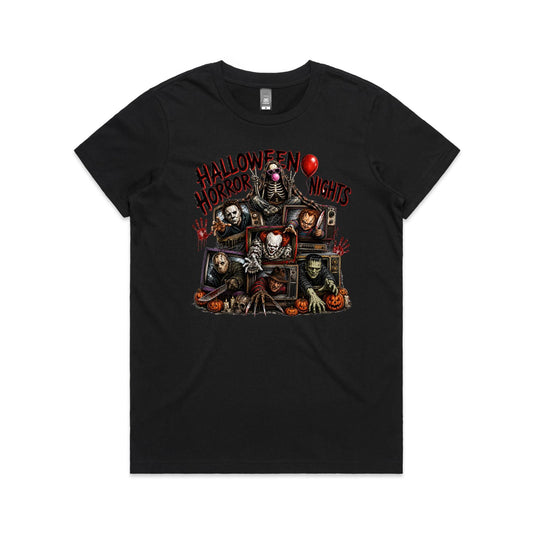 Halloween Horror Night Women's Black Tee | This is a Print on Demand Item