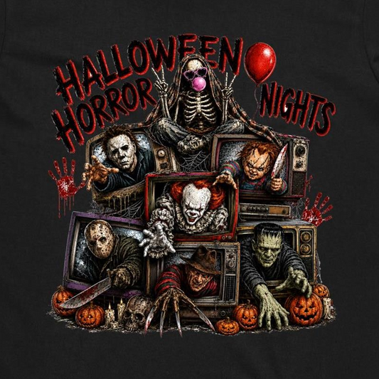 A graphic print on a black background featuring horror movie villains stacked inside vintage television sets, with the text 'HALLOWEEN HORROR NIGHTS' in red and black. The design includes Michael Myers, Pennywise, Freddy Krueger, Jason Voorhees, Frankenstein's monster, the Puppet, and pumpkins.