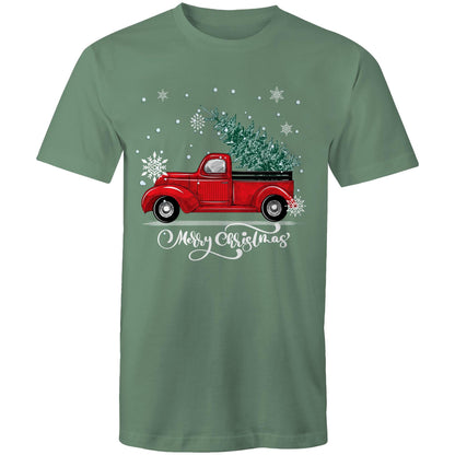 Men's green t-shirt with 'Merry Christmas' and a graphic of a red ute (pickup truck) with snowflakes and a Christmas tree on it.