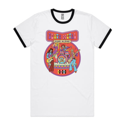 A white t-shirt featuring a colorful retro graphic print of the band Death Metal performing live, with 'DEATH METAL SING-ALONG' written in stylized multicolor letters at the top.
